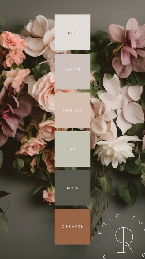 Color Palette For Flower Shop, Nature Wedding Colors Palette, Floral Color Palette Colour Schemes, Autumn Wedding Colour Palette, Elegant Brand Color Palette, Earth Tone Color Palette Wedding, Branding Colors Palette, Earth Tone Logo, Big Color Palette