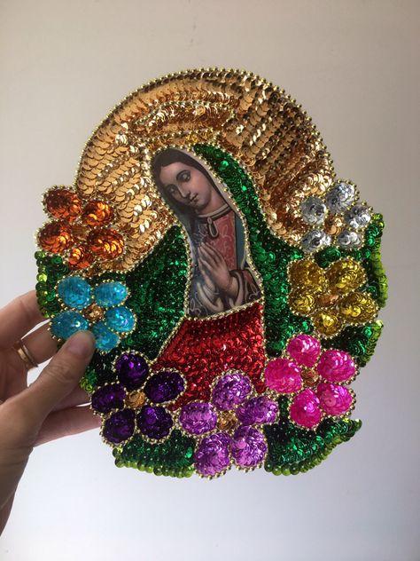 Catholic Christmas Gifts, Bead Applique, Catholic Christmas, Grad Cap Designs, Catholic Crafts, Large Sequins, Mary Statue, Sequin Patch, Our Lady Of Guadalupe