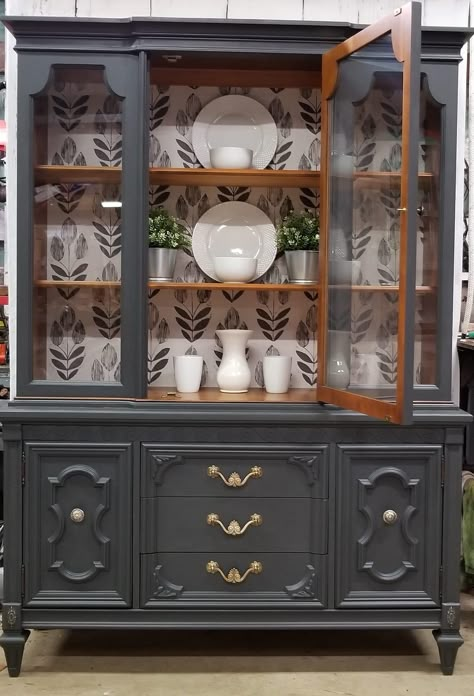 China Cabinet Decor, Painted China Cabinets, Hutch Ideas, Painting Front Porch Concrete, Painting Front Porch, Redo Cabinets, Furniture Remodeling, Hutch Makeover, Floor Painting