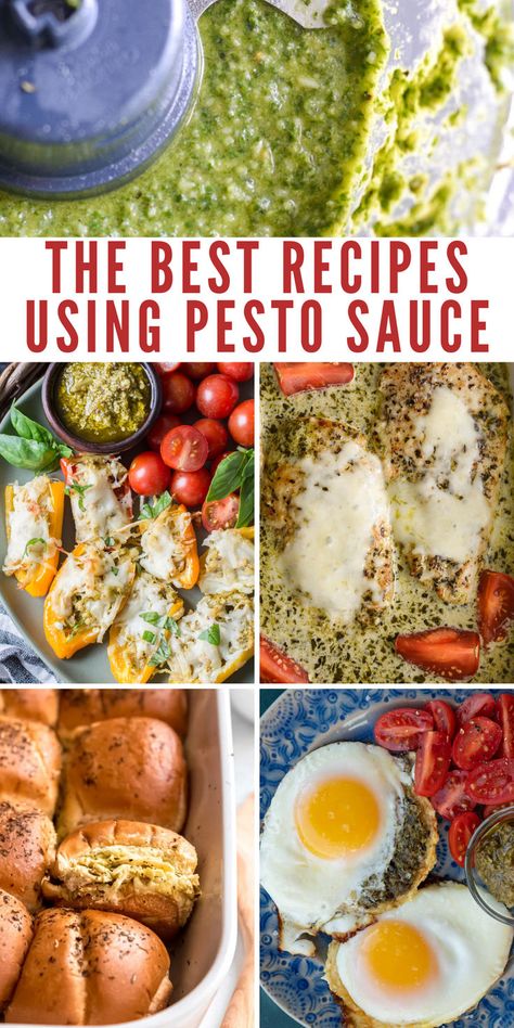 Enjoy the BEST recipes with pesto sauce this summer! Fresh basil, parmesan, and nuts add tons of flavor to appetizers, pastas, and more. This list of pesto recipes include easy chicken sliders, stuffed peppers, breakfast eggs, and quick one-pan dinners! Fresh Basil Recipes Appetizer, Recipes Using Basil Pesto, Recipes With Basil Pesto, Recipes Using Pesto Sauce, Recipes That Use Pesto, Pesto Appetizer Recipes, Dishes With Pesto, Pesto Dinner Ideas, Pesto Recipes Dinner Healthy