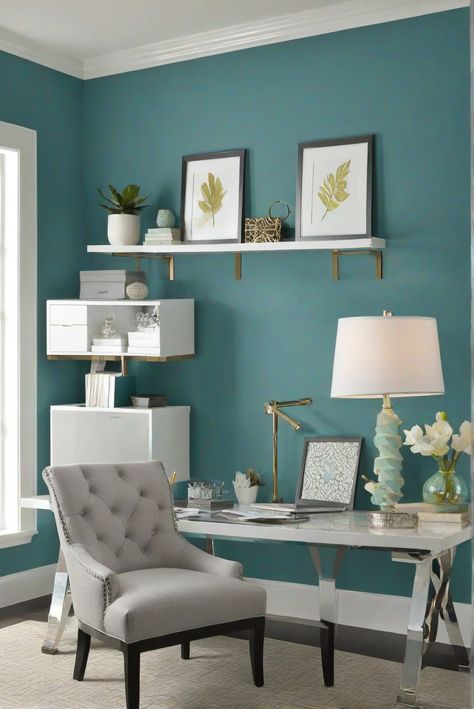 Explore the daily routine of an interior designer with Tame Teal (SW 6757), the best wall paint color for creating serene spaces in 2024. Dive into tranquil depths for design inspiration! #Ad #homedecor #homedesign #trendgirlApartment #Painthome #interiorarchitecture Wall Colors Green Room Colors Bright Room office Colors Apartment Renovation Home office Remodeling Modern Paint Colors 2024 Teal And White Office, Teal Office Decor Ideas, Teal Wall Colors, Green Room Colors, Best Wall Paint, Teal Accent Walls, Modern Paint Colors, Light Colored Furniture, Wall Color Combination