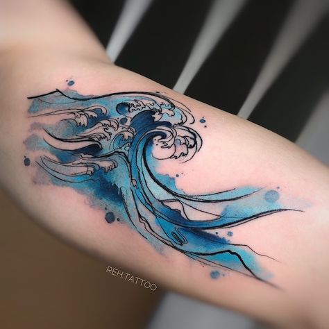 Blue waves tattoo watercolor Watercolor Wave Tattoo, Watercolour Tattoo Men, Rise Tattoo, Wave Tattoo Design, H Tattoo, Watercolor Wave, Wave Tattoo, Pisces Tattoos, Water Tattoo