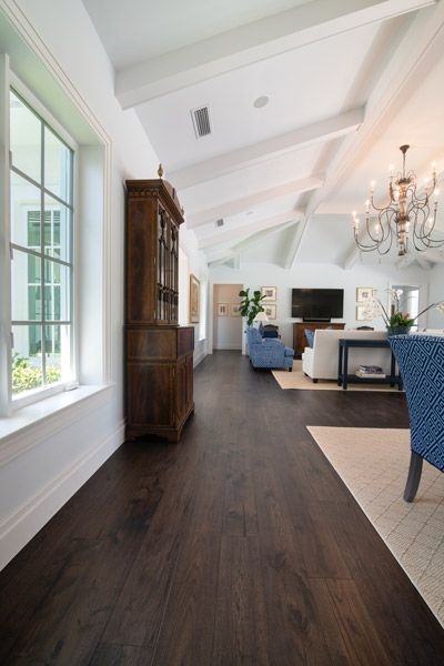 Dark Wood Wide Plank Floors, Great Room Dark Floors, Dark Wood Floors With Dark Furniture, Beach House Dark Floors, Tile With Dark Wood Floors, Medium Dark Flooring, Dark Floor Boards, Decorating With Dark Floors, Espresso Floors Living Room