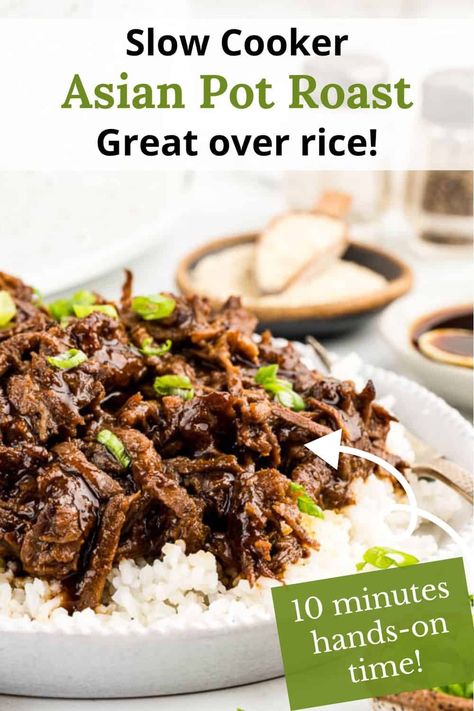 This Japanese Barbecue Chuck Roast Recipe is an effortless, delicious dinner made with just 5 main ingredients! Cook it in the slow cooker until it is fall-apart tender, then add your favorite Japanese style barbecue sauce on top (we've included our two favorites in the post!). Serve it over fluffy rice with a veggie on the side for a full meal that even picky eaters will love. Slow Cooker Recipes Chuck Roast, Chuck Roast Ninja Foodi Recipes, Chuck Roast Recipes Asian, Recipes That Use Chuck Roast, Cracker Barrel Pot Roast Recipe, Frozen Chuck Roast Instant Pot, Angus Chuck Roast Recipes, Pot Roast With Rice, Recipes For Chuck Roast