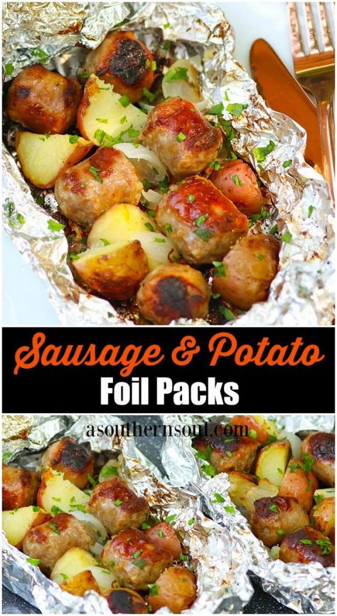 Sausage, potatoes and onions cooked in foil packs on the grill or in the oven are a short cut dinner that can't be beat! Foil Potatoes, Foil Packet Potatoes, Sausage And Potatoes, A Southern Soul, Foil Pack Dinners, Sausage Potato, Foil Packet Dinners, Foil Dinners, Foil Pack Meals