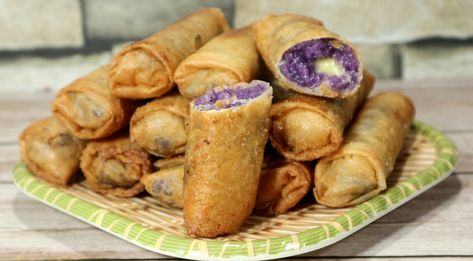 Ube Turon With Cheese, Ube Turon Malagkit With Cheese, Ube Turon, Banana Turon, Photography Techniques, Pretzel Bites, Sweet Recipes, Food Lover, Coconut