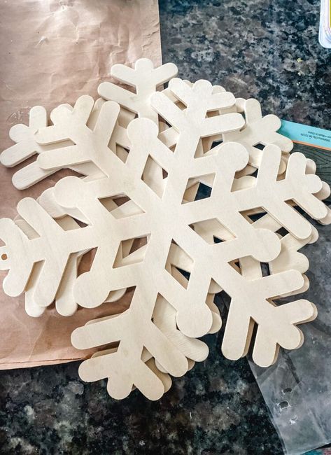 Make Diy Wooden Snowflake, Wooden Snowflake Crafts, Dollar Tree Snowflake Crafts, Diy Wood Snowflakes, Wooden Snowflakes Diy, Neighborhood Christmas Gifts, Wood Snowflake Ornaments, Diy Snowflake Decorations, Snowflake Ornaments Diy