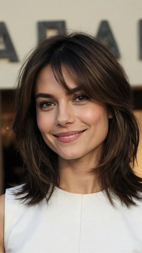 Medium Length Brown Hair With Layers Straight, Shoulder Length Medium Brown Hair, Medium Hairstyle Women Shoulder Length With Layers, French Bangs With Layers, Layered Haircuts For Medium Hair Straight Mid Length Layers, Shoulder Length Fringe Haircut, Medium Length Short Layers, Old Money Shoulder Length Hair, Mid Layers Haircut