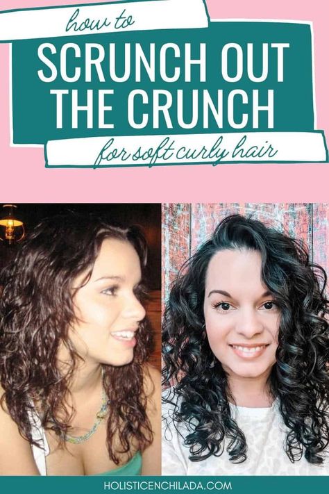 How To Scrunch Out The Crunch "SOTC" in Curly Hair & Get Rid of Crunchy Curls - If you want to say bye to crunchy curls then you need to scrunch out the crunch. Learn exactly how to do that in this post. Scrunched Hairstyles For Long Hair, Curly Hair Scrunch Method, Scrunching Hairstyles, Scrunch Out The Crunch Wavy Hair, Scrunch Curly Hair, Scrunch The Crunch Out, How To Scrunch Out The Crunch, How To Scrunch Your Hair Straight Hair, How To Scrunch Wavy Hair