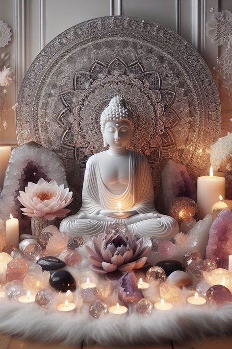 Sacred Place At Home, Crystal Meditation Aesthetic, Spiritual Business Aesthetic, Namaste Aesthetic, Spiritual Office, Buddha Aesthetic, Buddha Statue Decor, Zen Room Decor, Crystal Room Decor