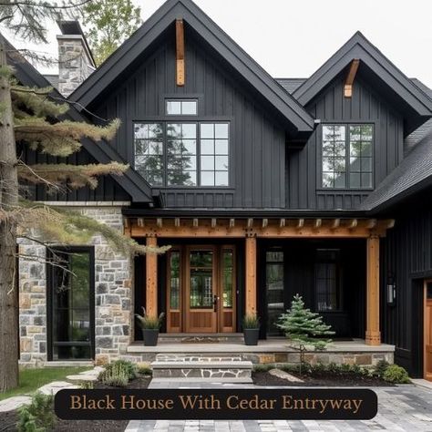 Cedar And Stone House, Black Exterior Cedar Accents, Black Siding Wood Accents, Black House With Stone Exterior, Black Exterior House With Stone, Black Siding With Stone, Black Houses With Wood Accents, Black House Exterior With Wood Accents, Black And Stone House