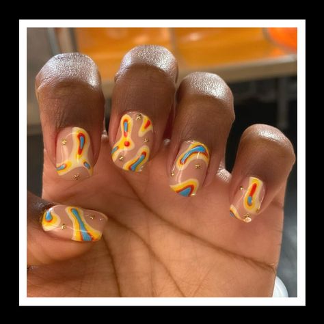 1970s Nails, Lava Lamp Nails, Lamp Nails, Groovy Nails, Nail Art Inspo, Colourful Nails, Hippie Nails, Short Acrylic, Nails 2021