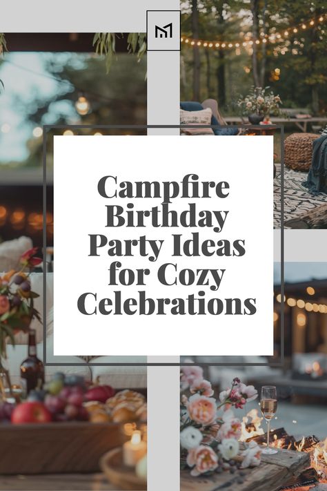 Create a warm and inviting atmosphere for your birthday party with cozy campfire furniture. Arrange comfortable Adirondack chairs and rustic wooden benches around the fire pit for guests to gather and relax. Add plush blankets and oversized floor pillows for extra comfort, and set up small side tables for drinks and snacks. Enhance the ambiance with string lights and lanterns for a magical glow that sets the stage for a memorable celebration under the stars. Bonfire 40th Birthday Party, Bonfire Themed Birthday Party, Fire Pit Birthday Party, Hygge Birthday Party, Fire Pit Birthday Party Ideas, Birthday Bonfire Ideas, Cabin Birthday Party Ideas Adult, Campfire Theme Party, Cabin Party Ideas