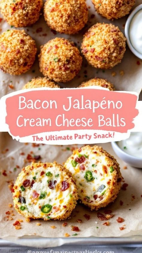 If you love savory, cheesy, and slightly spicy appetizers, these Bacon Jalapeño Cream Cheese Balls will steal the show at your next gathering! Each bite delivers a creamy center, crispy golden coating, smoky bacon, and a spicy jalapeño kick—the perfect flavor combination for any party. Cream Cheese Balls, Cream Cheese Ball, Kids' Party Food, Spicy Appetizers, Stuffed Jalapenos With Bacon, Party Snack, Cheese Appetizers, Cheese Balls, Cheese Ball