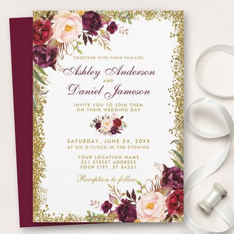 $1.98 | Burgundy Floral Gold Glitter Wedding Invitation B #rustic wedding invitations, country wedding invitations, pink roses red roses flowers, summer botanical greenery, modern spring garden outdoor wedding, boho chic bohemian wedding, elegant red wine vineyard wedding, autumn fall wedding, vintage winter gold glitter sparkles, watercolor burgundy floral Wine Vineyard Wedding, Outdoor Wedding Boho, Wedding Invitations Country, Red Rose Wedding Invitations, Burgundy Quinceanera, Wedding Invitations Pink, Garden Outdoor Wedding, Wedding Boho Chic, Gold Winter Wedding