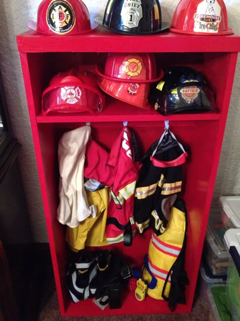 Kids firefighter gear locker Fire Truck Bedroom Ideas, Fire Station Bedroom, Firefighter Bedroom Ideas Kids, Firetruck Bedroom Ideas, Firefighter Room Decor, Firetruck Bedroom Boys, Emergency Vehicle Bedroom, Fire Truck Room Decor, Fire Truck Room Ideas Little Boys