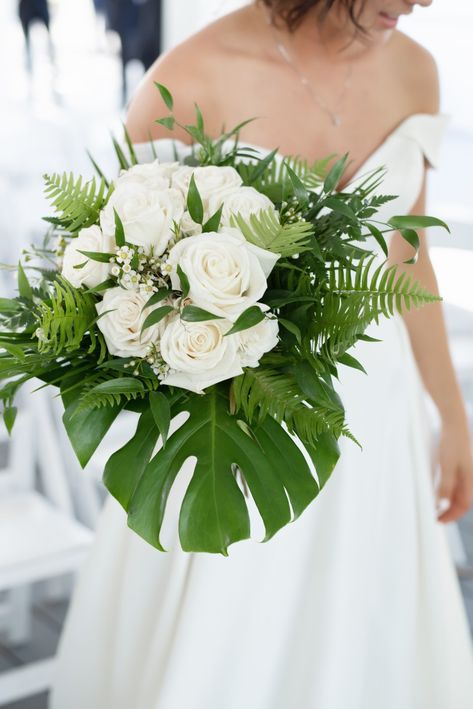 Monstera Leaves Wedding Decor, Simple Tropical Bouquet Wedding, Simple Tropical Bridal Bouquet, White Tropical Wedding Bouquets, Tropical Rose Bouquet, Monstera Leaf Wedding Bouquet, All White Tropical Wedding, Monstera Bridal Bouquet, Monstera Leaf Wedding Decor