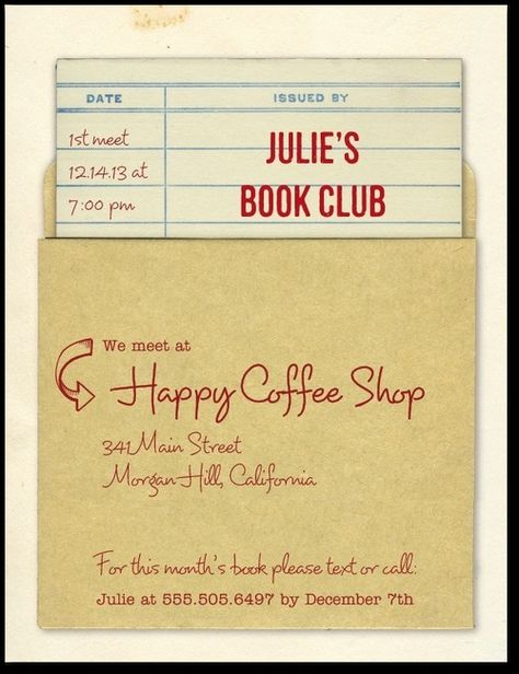 Reader’s Reminder:Almond Book Club Invitations, Club Invitation, Book Club Parties, Library Cards, Classroom Lesson Plans, Kids Book Club, Retirement Invitations, Happy Coffee, Reading Rainbow