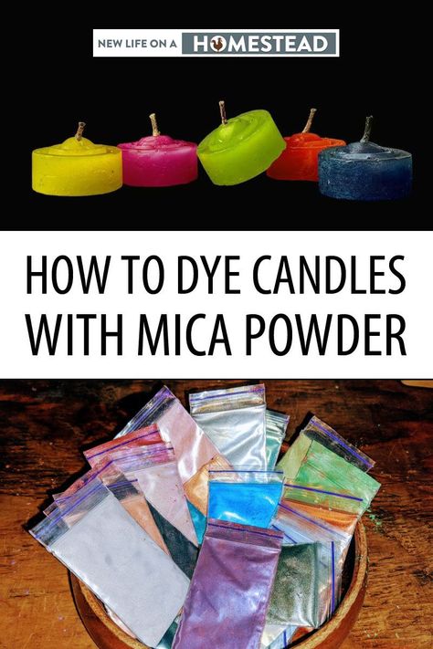 Dyeing candles using mica powder is a really cheap way to making stunning-looking candles. A fun DIY project you can do on a weekend. #DIY #candlemaking Coloring Candles Diy, Mica Powder Candles Diy, How To Color Candles Diy, Candle Dye Diy, Mica Powder Candles, How To Make Intention Candles, How To Dye Candles, How To Color Candles, Mica Powder Uses