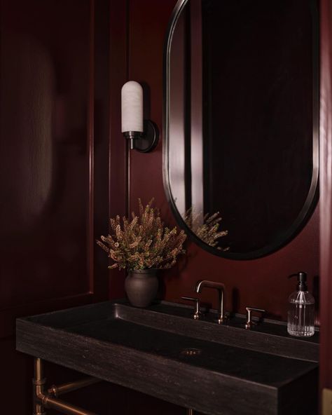 All Posts • Instagram Small Half Bathroom Ideas Luxe, Burgundy Powder Room, Red Powder Room, Brass Console Sink, Dark Powder Room, Dark Brown Bathroom, Burgundy Bathroom, Small Half Bathroom, Southern Living Idea House