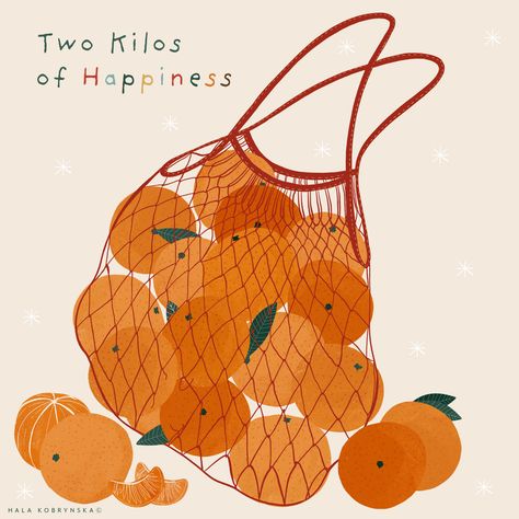 Illustration with net bag or mesh bag full of tangerines or clementines. Two kilos of happiness.  Christmas mood. Christmas Loading. Christmas card. Hygge post card. Weihnachten. Cozymood.  Tangerines illustration. Clementines illustration. Food illustration. Christmas Loading, Christmas Drawings, Illustration Christmas, Bag Illustration, Illustration Food, Food Illustration, Arte Sketchbook, Net Bag, Christmas Drawing