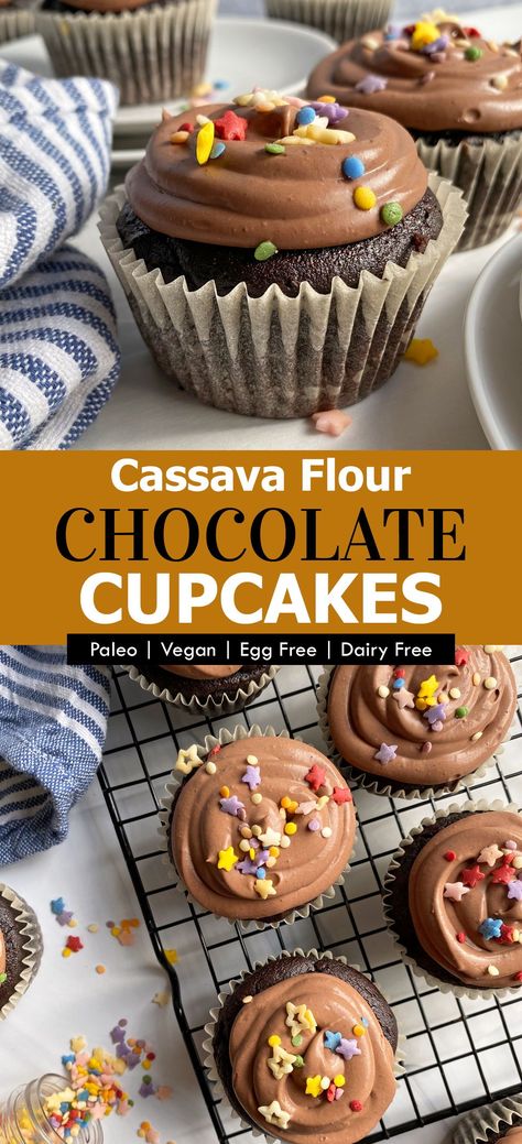 These easy cassava flour cupcakes are paleo and vegan friendly. They have a delicious crumb texture, are extremely moist and fluffy! This cassava cupcake recipe is perfect for any birthday or celebration. #cassavaflour #cassavacake #paleocupcakes #paleovegan Cassava Vegan Recipes, Cassava Chocolate Cake, Cassava Flour Chocolate Cake, Cassava Flour Baking, Cassava Flour Vegan Recipes, Cassava Flour Cupcakes, Cassava Flour Brownies, Cassava Flour Cake Recipes, Recipes With Cassava Flour