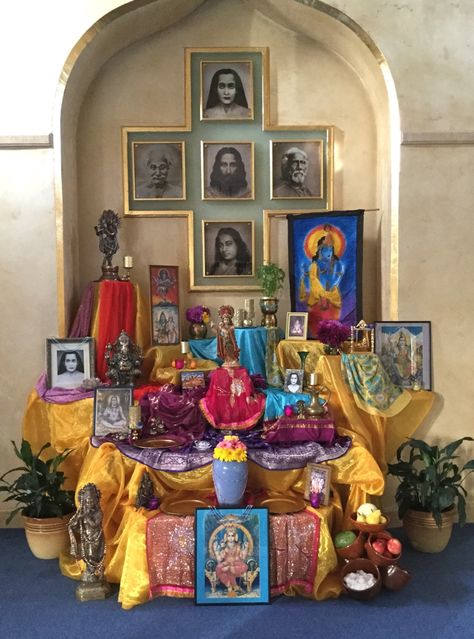 Krishna Kirtan altar - a once yearly evening of Sanscrit chanting; (altar photo - Babaji, Lahiri Mahasaya, Sri Yukteswar, Yogananda, Jesus Christ); September, 2015; by Karen Beswick Hindu Altar Puja Room, Kali Altar, Hindu Altar, Sri Yukteswar, Lahiri Mahasaya, Ancestral Altar, Kirtan Kriya, Yoga Altar, Spiritual Documentaries