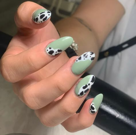 Fun Cow Print Nails, Green Cowprint Nails, Moo Cow Nails, Short Almond Cow Print Nails, Sage Green Cow Print Nails, Green And Cow Print Nails, Orange Cow Print Nails, Green Cow Print Nails, Cow Acrylic Nails