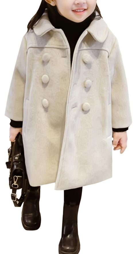 PRICES MAY VARY. 100% Polyester Imported Button closure Machine Wash Material: The long trench dress coat is made of wool blend, soft, cozy, and windproof, keeping your girls warm and comfortable in autumn, spring, and winter. Features: Kids girls wool blend dress coat jacket outwear, double breasted trench coat, warm pea coat with bow belt, lapel collar, long sleeves, side pockets for small items, suitable for your girls to play outdoors. Matching: The solid color woolen coat can easily match w Girls Long Coat, Girls Dress Coats, Winter Coat Dress, Winter Coat Outfits, Kids Winter Jackets, Long Peacoat, Elegant Coats, Dress Coat