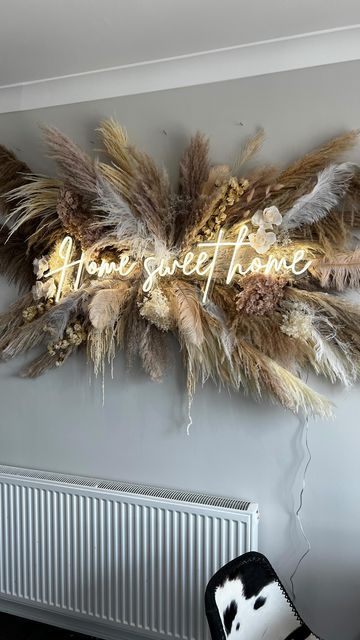 Pampas Corner Decor, Pampas Room Decor, Nude Flower Wall, Pampas Grass Accent Wall, Pampas Grass Backdrop Wall, Flower Wall For Salon, Home Flower Wall, How To Hang Pampas Grass On Wall, Pompass Grass Wall