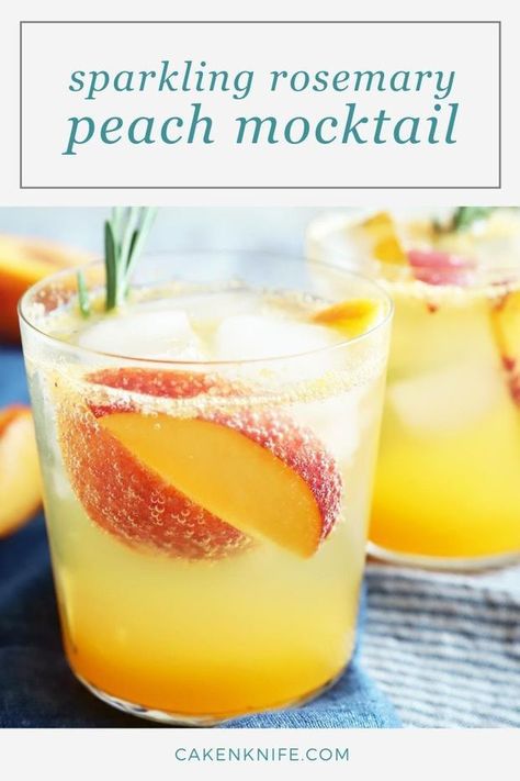 Mocktail Ideas, Easy Mocktails, Mocktail Drinks, Peach Cocktail, Mojito Mocktail, Rosemary Simple Syrup, Alcohol Free Drinks, Drink Recipes Nonalcoholic, Cocktail And Mocktail