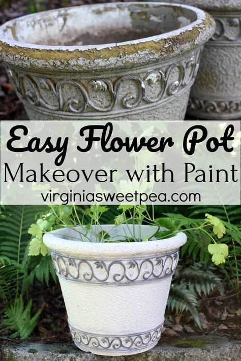 How to Makeover Flower Pots with Paint - Learn how to give worn flower pots a fresh new look with paint. This technique yields a finish that lasts for years! #flowerpotmakeover #howtopaintflowerpots via @spaula Painting Flower Pots Outdoor, Flower Pot Makeover, Pot Makeover, Spray Paint Flowers, Diy Container Gardening, Upcycling Projects, Painted Clay Pots, Garden Junk, Diy Flower Pots