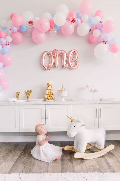 Unicorn One Year Old Birthday, One Year Old Birthday Party Girl, Unicorn First Birthday Party, Unicorn First Birthday, 1st Birthday Girl Decorations, 1st Birthday Party For Girls, Themed First Birthday, Unicorn Themed Birthday Party