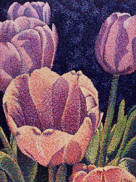 In the Garden with Friends by Rebecca Bangs | Artwork Archive Garden With Friends, Filoli Gardens, Pointalism Art, Tulips Pink, Impressionistic Art, Stippling Art, Tulip Painting, Flowers Tulips, Beautiful Office