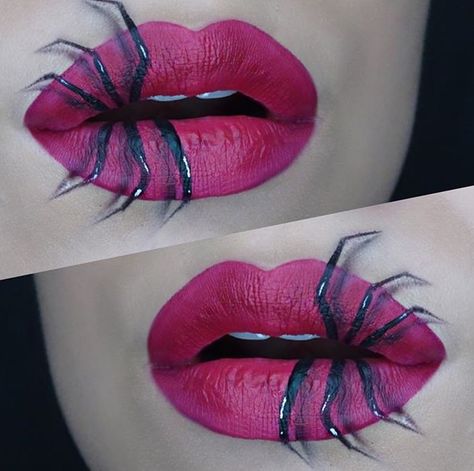 SPIDER ON YOUR FACE LIP ART HALLOWEEN LIP ART Spider Lips Makeup, Halloween Spider Makeup, Spooky Bunny, Husbands Birthday, Pose Portrait, Halloween Eye Makeup, Amazing Halloween Makeup, Halloween Makeup Inspiration, Halloween Eyes