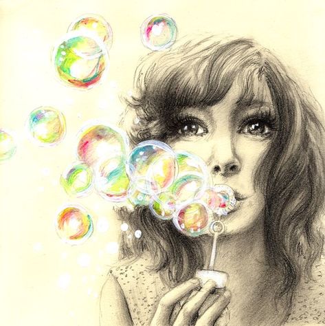 Find Your Fun by illogan Blowing Bubbles Drawing, Bubbles Illustration, Illustration Portraits, Colourful Things, Drawing Women, Bubble Drawing, Blowing Bubbles, Gcse Art, Soap Bubbles