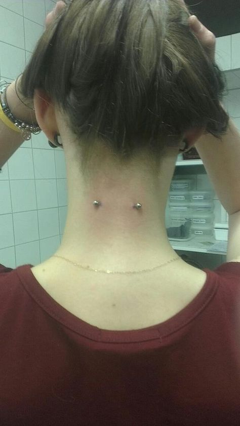 My Favorite piercing is growing out! :'( #piercing #neckbar Body Dermals, Back Dimple Piercing, Back Dimple Piercings, Neck Piercing, Dimple Piercing, Back Piercings, Dermal Piercing, Alt Outfits, Nape Of Neck