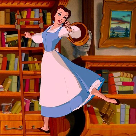 BELLE: (on ladder of bookshelf) That's all right. I'll borrow... this one. Bookseller: That one? But you've read it twice! BELLE: Well it's my favorite! (BELLE swings off side of ladder, rolling down it's track) Far off places, daring swordfights, magic spells, a prince in disguise! Bookseller: (handing her the book) Well, if you like it all that much, it's yours! Fera Disney, Belle Blue Dress, Belle Outfit, Belle Dresses, Favorite Friend, Animation Disney, Disney Belle, Belle Beauty And The Beast, Belle Beauty