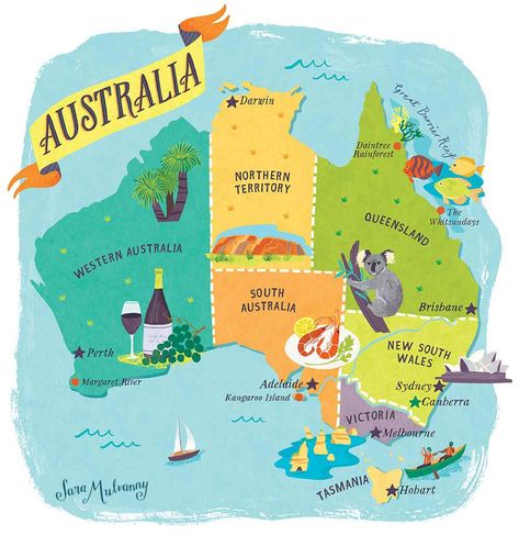 Australia map illustration for Waitrose Food Magazine by Sara Mulvanny Food Australia, Australia Drawing, Australia Illustration, Australia Poster, Map Of Australia Aesthetic, Australia Geography, Australian Map, Map Of Australia, Map Australia