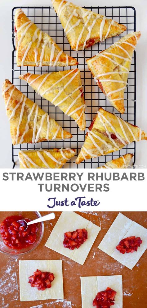 Rhubarb Turnovers, Rhubarb Danish, Strawberry Puff Pastry, Strawberry Rhubarb Recipes, Puff Pastry Pockets, Puff Pastry Recipes Dessert, Spring Snacks, Pastries Recipes Dessert, Strawberry Rhubarb Jam