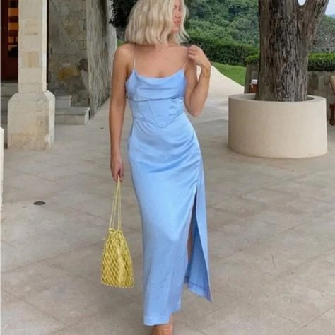 Cute Blue Satin Midi Slip Dress. Does Have A Few Snags (Pictured) Otherwise Brand New With Tags Size Xs. Outfit Capsule, Capsule Outfits, Midi Slip Dress, Blue Satin, Zara Dresses, Travel Outfit, Slip Dress, Zara, Satin