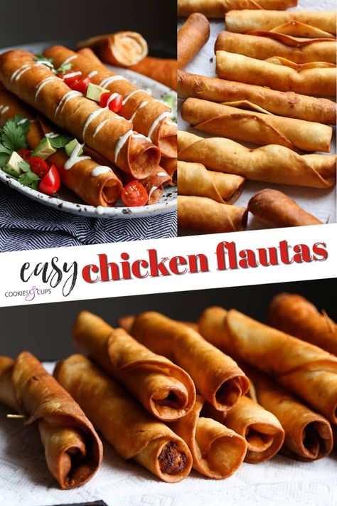 This Easy Chicken Flautas are quick to make and absolutely delicious! They're cheesy, chicken filled rolled tacos, deep fried so they're crispy on the outside! #cookiesandcups #flautas #chickenflautas #rolledtacos #mexicanfood #texmex #dinneridea #dinnerrecipe Rolled Tacos Recipe, Easy Chicken Flautas, Chicken Flautas Recipe, Rolled Chicken Tacos, Deep Fried Tacos, Flautas Recipe, Chicken Deep Fried, Homemade Taquitos, Rolled Tacos