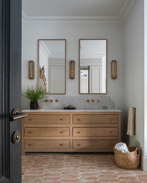 Instagram Saves: Bathroom Vanity Inspiration - Making it in the Mountains House Nine Design Bathroom, House Nine Design, Vanity Unit Bathroom, Sheep Ranch, Small Ensuite, Oak Vanity Unit, Vanity Inspiration, Gallery House, Arch House