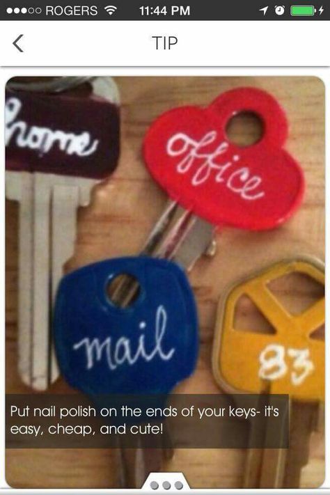 Nail Polish to label all your keys. Such a good idea for us who have way to many keys. Ways To Get Organized, Diy Household Tips, Storage Organizers, Household Tips, Diy Household, Fun Times, Get Organized, Diy Organization, Cleaning Organizing