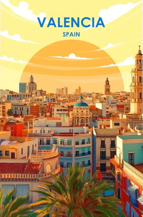 Vintage Travel Posters Europe, Espana Aesthetic, Valencia Spain Aesthetic, Valencia Aesthetic, Spain Travel Aesthetic, Spain Illustration, Spain Poster, Travel Poster Design, Retro Travel Poster