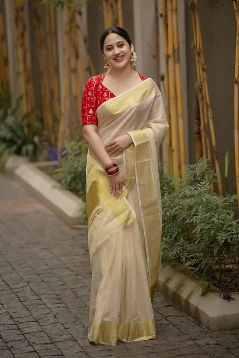 Miya George | Indian actress and model, kerala traditional kasavu saree Kerala Dress, Onam Dress, Miya George, Kerala Saree Blouse, Onam Outfits, Kerala Saree Blouse Designs, Onam Saree, Kasavu Saree, Simple Saree Designs