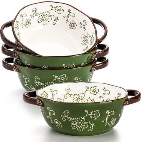 PRICES MAY VARY. Perfect Ceramic Bowl Set: Package included set of 4 ceramic soup bowl, each bowl measures 8 ( L ) x 6.3 ( W ) x 2.6 ( H ) inch ( Include Double Handle ), hold approx 22 ounces fluid ( Normal Capacity ). Serving bowl perfectly compatible with cold and hot food such as pasta, salad, soup, dessert, ice cream, rice, beans and so on. Grade Porcelain: AVLA porcelain bowls sets are made of high quality ceramic, lead-free, non-toxic, chip-resistant and durable. Our glaze is extra strong Ceramic Soup Bowls, French Onion Soup Bowls, Ceramic Crock, Soup Bowls With Handles, Serving Bowl Set, Soup Bowl Set, French Onion Soup, Soup Bowls, Bowl Designs