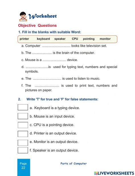 Worksheet online activity for Class-1. You can do the exercises online or download the worksheet as pdf. English Exam Papers, Computer Exam, Computer Science Lessons, Computer Lab Lessons, Math Division Worksheets, Worksheets For Class 1, Computer Notes, Teaching Computers, Computer Lessons