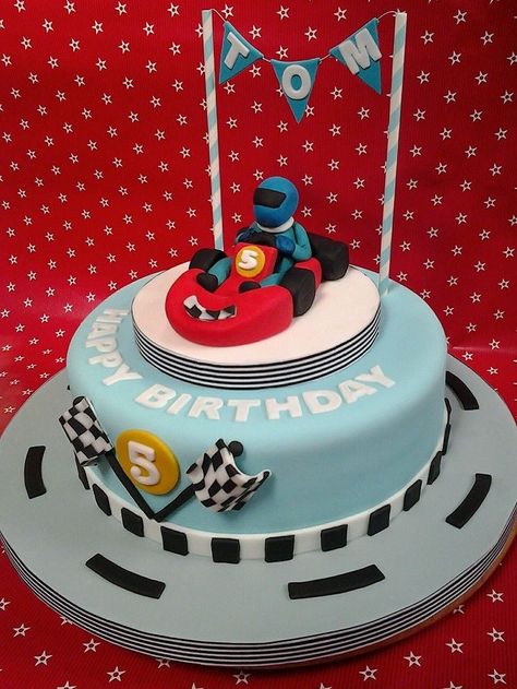 Go kart cake with fondant go kart and racing driver with flags. Go Kart Birthday Cake Ideas, Go Kart Cake, Motorbike Cakes, Motorbike Cake, Racing Cake, Rainbow Waffles, Race Car Cakes, 7th Birthday Party Ideas, 10 Birthday Cake