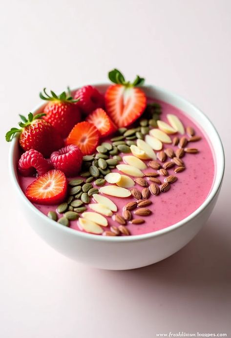 A vibrant Berry Nut Smoothie Bowl filled with creamy pink smoothie base and topped with strawberries, raspberries, almonds, and pumpkin seeds on a minimal background. Nut Smoothie, Strawberry Smoothie Bowl, Meal Prep Clean Eating, Fruit Bowls, Food Pics, Smoothie Bowls, Sliced Almonds, Smoothie Bowl, Pumpkin Seeds